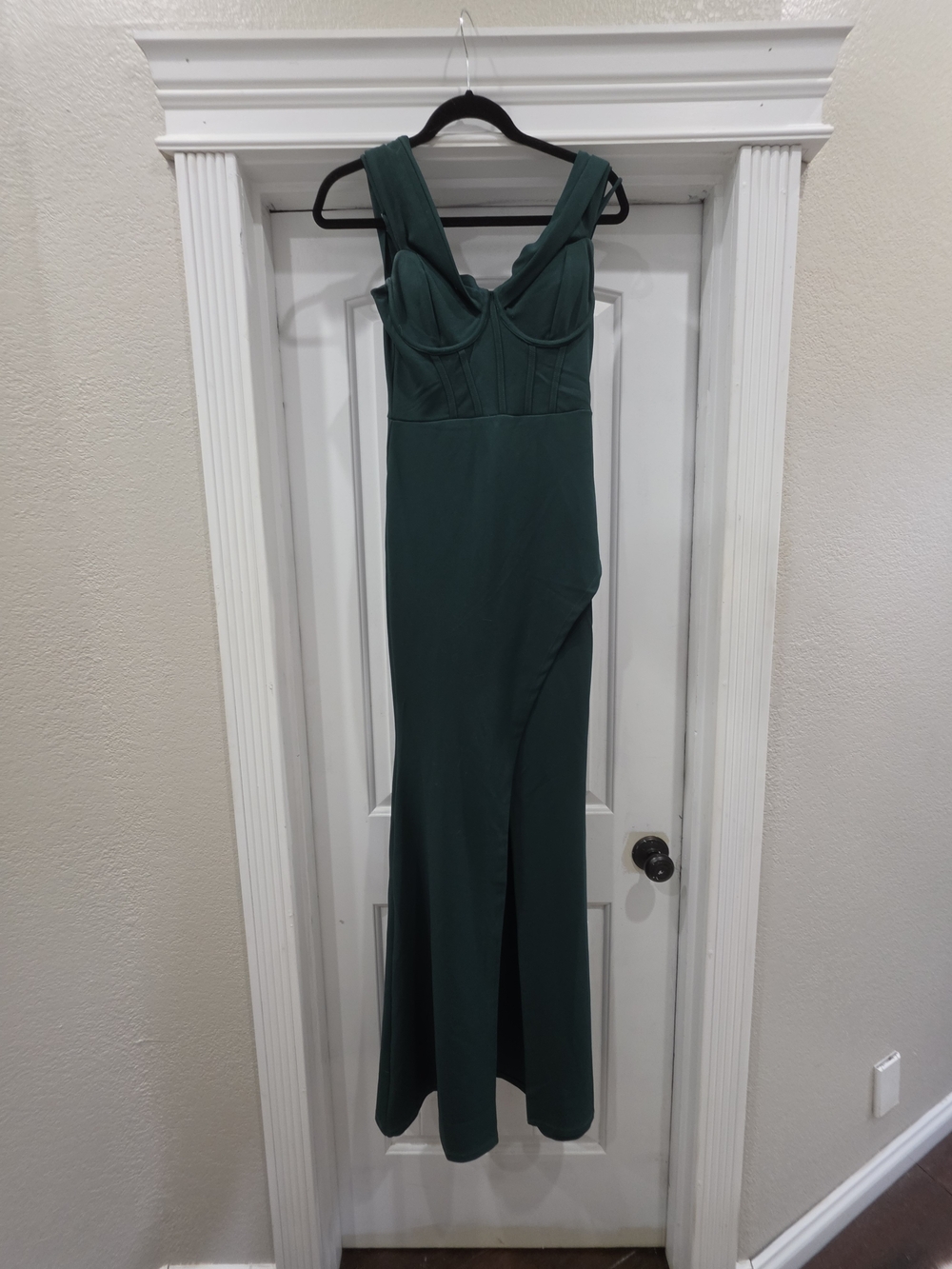 Symphony Green Off-the-Shoulder Corset Maxi Dress Ruched Slit Size S